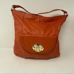 Emma Fox Leather Shoulder Bag – Orange with Blue/White Lining